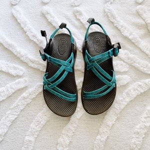 Blue chacos with yellow flowers